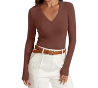 T Shirt Manche Longue Femme Grande Taille Coton Pull Femme Chic Et Elegant Col V Oversize Laine sous Pull Top Sport Chaude Pas Cher Tshirt Slim Fit Basique Sweat(Marron,XL)