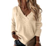 T Shirt Manche Longue Femme Oversize Coton Pull Femme Chic Et Elegant Col V Grande Taille Laine Sweat Tee Shirt Sport Polaire Pas Cher Top Classics Basique Sweatshirts(Beige,XXL)