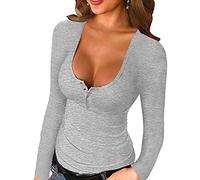 T-Shirt Manche Longue Femmes, Sexy Tee Shirt Coton Couleur Unie Col en V Décontractée Bouton Tops Blouse Chemisier Hauts Femme Chic