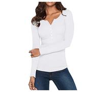 T-Shirt Manche Longue Femmes, Sexy Tee Shirt Coton Couleur Unie Col en V Décontractée Bouton Tops Blouse Chemisier Hauts Femme Chic (S, 1-Blanc)