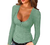 T-Shirt Manche Longue Femmes, Sexy Tee Shirt Coton Couleur Unie Col en V Décontractée Bouton Tops Blouse Chemisier Hauts Femme Chic