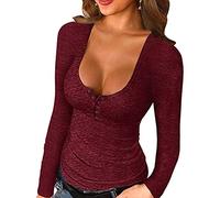 T-Shirt Manche Longue Femmes, Sexy Tee Shirt Coton Couleur Unie Col en V Décontractée Bouton Tops Blouse Chemisier Hauts Femme Chic