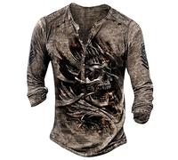 T Shirt Manche Longue Henley Bouton Vintage Pulls, Gilets et Sweats Homme Classique Casuals Marque Motif Tête de Mort Tshirt Deguisement Halloween Sweat Homme Ete Automne Café 4XL