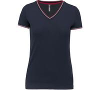 T-Shirt Manches Courtes Coton Piqué Col V K394 - Bleu Marine Red - Femme