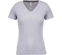 T-Shirt Manches Courtes Coton Piqué Col V K394 - Gris Chiné - Femme