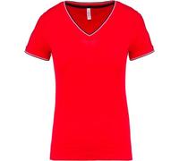 T-Shirt Manches Courtes Coton Piqué Col V K394 - Rouge - Femme