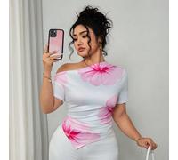 T-shirt manches courtes pour femmes grande taille, style français, avec ourlet asymétrique, épaules ouvertes et motif fleur de lotus, pour l'été 0XL,1XL,2XL,3XL,4XLPlantes,PapillonTissu tricoté