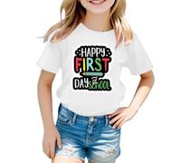 T-Shirt Manches Courtes pour Filles Col Rond Happy First Day of Scholl Imprimé Haut Col Rond Rayures de Couleur Unie Vêtements D'été pour Enfants de 5-12 Ans Cadeau Rentrée Maternelle