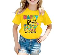 T-Shirt Manches Courtes pour Filles Happy First Day of Scholl Imprimé Haut Col Rond Rayures de Couleur Unie Vêtements D'été pour Enfants de 5-12 Ans Cadeau Rentrée Maternelle