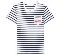 T-Shirt Marinière à Rayures, Blanc et Marine, avec Poche Personnalisable, 100% Coton peigné. (FR/ES, Alpha/Lettres, M, Taille Normale, Taille Normale, Blanc)