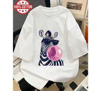 T-shirt mignon pour femmes avec imprimé zèbre, lunettes de soleil et chewing-gum, top long à manches courtes et col rond, tee-shirt à épaules tombantes à la mode, Y2K L,M,S,XL,XS,XXL,XXXLLettres,RayéT