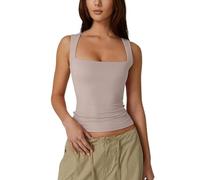 T-shirt moulant basique sans manches à col carré pour femme, Couleur racine de lotus, S
