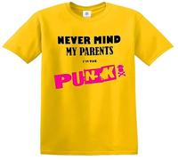 T-shirt « Never Mind The Parents I'm The Punk » - Musique rock unique - Pour bébé et enfant, T-shirt jaune imprimé noir/rose, 3-4 ans
