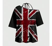 T-shirt noir à manches courtes, asymétrique et ample avec nœud papillon à l'épaule, motif vintage du drapeau britannique, pour femmes L,M,S,XL,XS,XXL,XXS,XXXL,XXXXLImprimés aléatoires,Fausse impressio