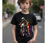 T-shirt noir à manches courtes col rond avec imprimé graphique de moto pour jeune garçon 6Y,7Y,4Y,5YCartoon,Portrait,LettresPolyester