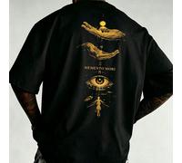 T-shirt noir ample à manches courtes pour hommes avec imprimé doré MEMENTO MORI œil tout-voyant au dos, Top décontracté mystérieux 1XL,2XL,3XL,4XL,5XL,6XLPortrait,graphique,LettresTissu tricoté