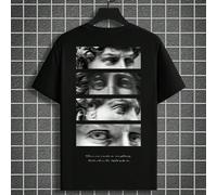 T-shirt noir ample de mode de rue décontractée pour homme en grande taille avec portrait noir et blanc et impression de lettres. T-shirt artistique unique, combinant un motif sculptural et un slogan e