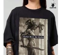 T-shirt noir casual d'été à col rond, manches courtes, imprimé tête de Méduse et Persée, style simple et quotidien, grande taille. T-shirt "Girls Will Be Girls", Top, style preppy sombre pour le quoti