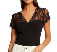 T-shirt Noir Femme Morgan Lami - Manches courtes - Col V - 59% polyester, 33% viscose, 8% élasthanne XS