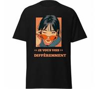T-Shirt Noir Femme Streetwear Anime - Illustration Graphique Lunettes Orange - Je Vous Vois différemment - Coton Premium