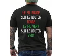 T-shirt noir pour hommes avec impression de texte français au dos, détails rouges et écrits - inspiré de la Septième Compagnie, col ras du cou décontracté à manches courtes, slogan vertical "LE FIL RO