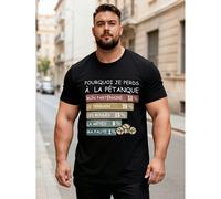 T-shirt noir pour hommes avec l'impression "Pourquoi je perds à la pétanque", design graphique avec texte français et affichage du pourcentage pour le port décontracté L,M,S,XL,XXL,XXXLNon-tissé