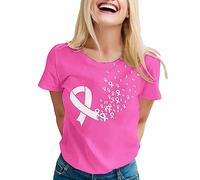 T Shirt Octobre Rose, Octobre Rose Tee Shirt À Manches Courtes Col Rond, Cancer du Sein Cadeau Imprimé, T-Shirts Femme Couleur Unie, Pink M