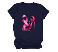 T-Shirt Octobre Rose pour Femme Tee Shirt Col Rond à Manches Courtes De Lutte Contre Le Cancer Talon Haut et RubanRose Haut Femme Cancer du Sein Cœur Rose RubanTshirt Vetement