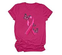 T-Shirt Octobre Rose pour Femme Tee Shirt Col Rond à Manches Courtes De Lutte Contre Le Cancer Talon Haut et RubanRose Haut Femme Cancer du Sein Cœur Rose RubanTshirt Vetement (L)