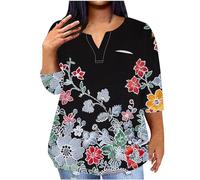 T-Shirt Oversize Femme Grande Taille Chemise à Manches Trois-Quarts Imprimé Floral Top Femmes Pas Cher Blouse Chic et Élégant Poche Col en V Haut Léger Respirant Ample Décontractée Manches 3/4