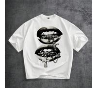 T-shirt oversize gris délavé style street avec imprimé lèvres, strass et croix, blanc à manches courtes, noir et blanc, été, streetwear, city break, cadeau L,M,S,XL,XS,XXL,XXS,XXXL,XXXXLPortraitTissu 