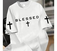 T-shirt oversize minimaliste pour garçons avec imprimé croix "BLESSED", top décontracté d'été pour la rentrée, style streetwear pour tous les jours 6Y,7Y,8Y,9Y,10Y,4Y,5Y,14Y,11Y,12Y,13Y,16Y,15YLettres