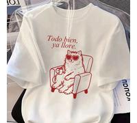 T-shirt oversize pour femmes, signification en espagnol "C'est bon, j'ai assez pleuré", graphique d'un chat portant des lunettes de soleil en forme de cœur assis dans un fauteuil buvant du café. T-shi