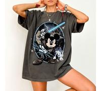 T-shirt oversize vintage délavé Disney pour femme, imprimé Jedi Mickey R2D2 Étoiles et Éclairs de l'espace avec cadre ovale craquelé, tenue décontractée toutes saisons L,M,S,XL,XXLAnimalÉtoffe