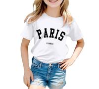T Shirt Paris Manche Courte Enfant Fille 2-12 Ans Tee Shirt été Ado Fille Fashion Mignon Blouse Fille Chic Pas Cher Leger Confortable Casual Sport Vacances Chemisier (White, 10-11 Years)