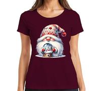 T-shirt Père Noël mignon avec boule à neige et chapeau festif nain pour femme, bordeaux, 3XL
