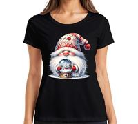 T-shirt Père Noël mignon avec boule à neige et chapeau festif nain pour femme, Noir , XL