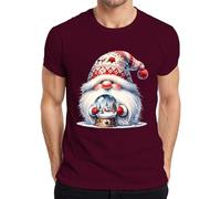 T-shirt Père Noël mignon avec boule à neige et chapeau festif nain pour homme, bordeaux, 3XL
