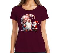 T-shirt Père Noël mignon avec chapeau créatif décoration de Noël nain pour femme, bordeaux, L