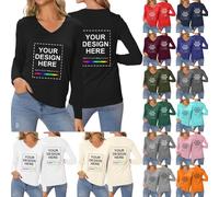 T-shirt personnalisé pour femme - T-shirts imprimés sur le devant et le dos - T-shirt à manches longues pour femme - Col en V - Impression personnalisée de texte photo - Cadeaux personnalisés pour son