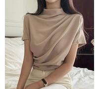 T-shirt plissé à demi-col roulé pour femme, manches courtes, coupe ajustée, t-shirt décontracté froncé, haut, pour le printemps streetwear (L beige)