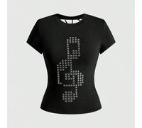 T-shirt polyvalent à coupe slim, couleur unie, avec design de notes de musique poinçonnées style punk Y2K K-pop, découpé au laser sur le dos L,M,S,XSÉtoffe