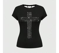 T-shirt polyvalent à coupe slim, couleur unie, avec design laser ajouré en forme de croix et de rivets, style punk Y2K et Kpop L,M,S,XSBlocs de couleur,CarreauÉtoffe