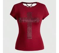 T-shirt polyvalent de coupe slim, couleur unie, avec un design de croix poinçonnée et découpé au laser sur le dos, dans le style Punk Y2K L,M,S,XSÉtoffe