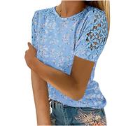 T-Shirt pour Femme à Manche Courte Dentelle Chemisier Col Rond Blouse Eté Ample Casual Tops Imprimerie de Fleurs Tee Shirt Mode Tops Tee Shirt Lâche Haut Élégant Grande Taille par Cher