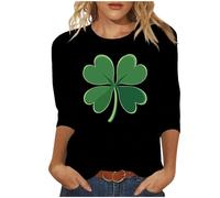 T-shirt pour femme à manches 3/4 avec imprimé trèfle à quatre feuilles, grandes tailles, col rond irlandais festif, 02 - Noir, 4XL