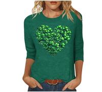T-shirt pour femme à manches 3/4 avec imprimé trèfle à quatre feuilles, grandes tailles, col rond irlandais festif, 04 - Vert, 5XL
