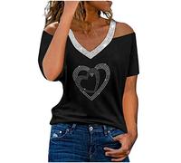 T-shirt pour femme à manches courtes avec col en V et strass imprimé strass - Élégant - Noir, blanc, argenté, Noir , M