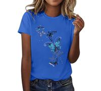 T-shirt pour femme à manches courtes d'été basique blanc à col rond en coton classique élégant avec imprimé Chemises mode confortable Tops originaux Haut décontracté respirant léger décontracté, bleu