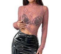 T-shirt pour femme à manches longues transparent en dentelle et maille sexy à col haut, chemisier élégant en maille décontractée, rose, XL